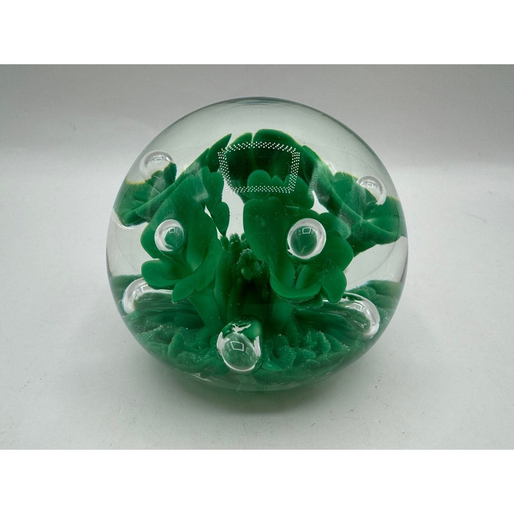 Joe Rice Floral Art Glass Paperweight Green Flowers 2005 Signed Handmade 3in